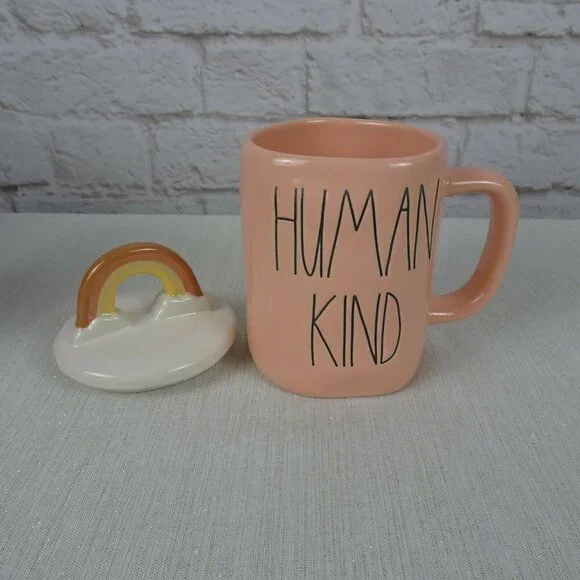 New RAE DUNN Rainbow 🌈 Figural Coffee Mug Human Kind Blush Pink With Lid Decor - Picture 12 of 12